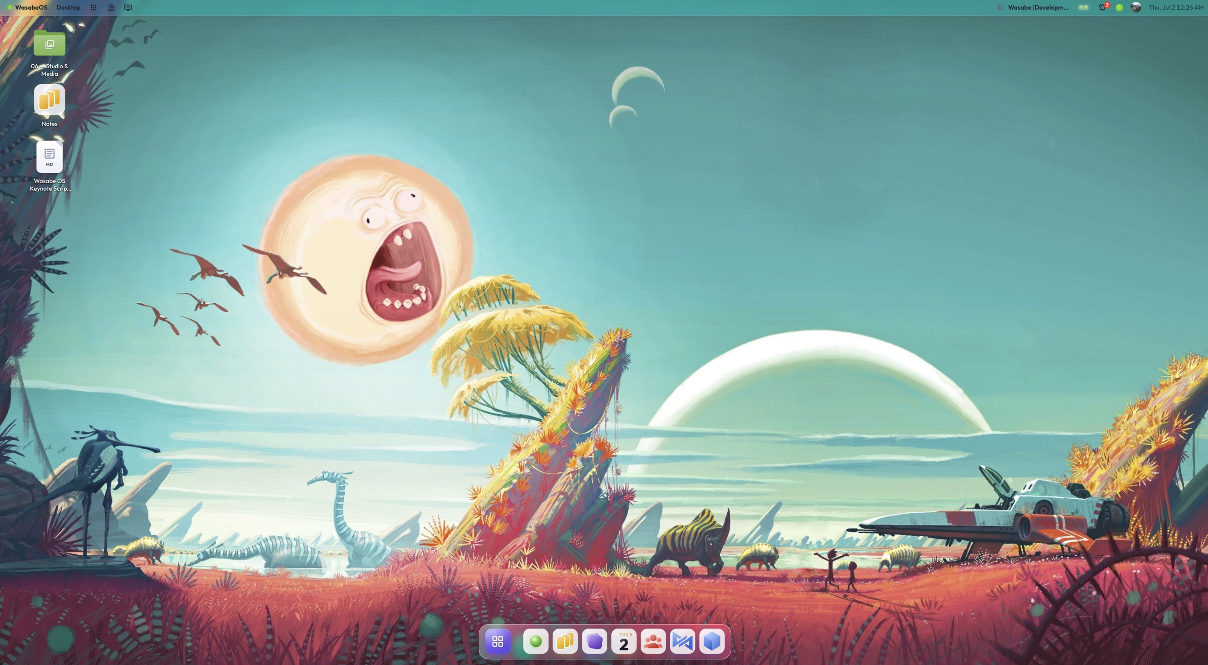 The WasabeOAS desktop: menu bar, desktop files, and the dock, running in a browser